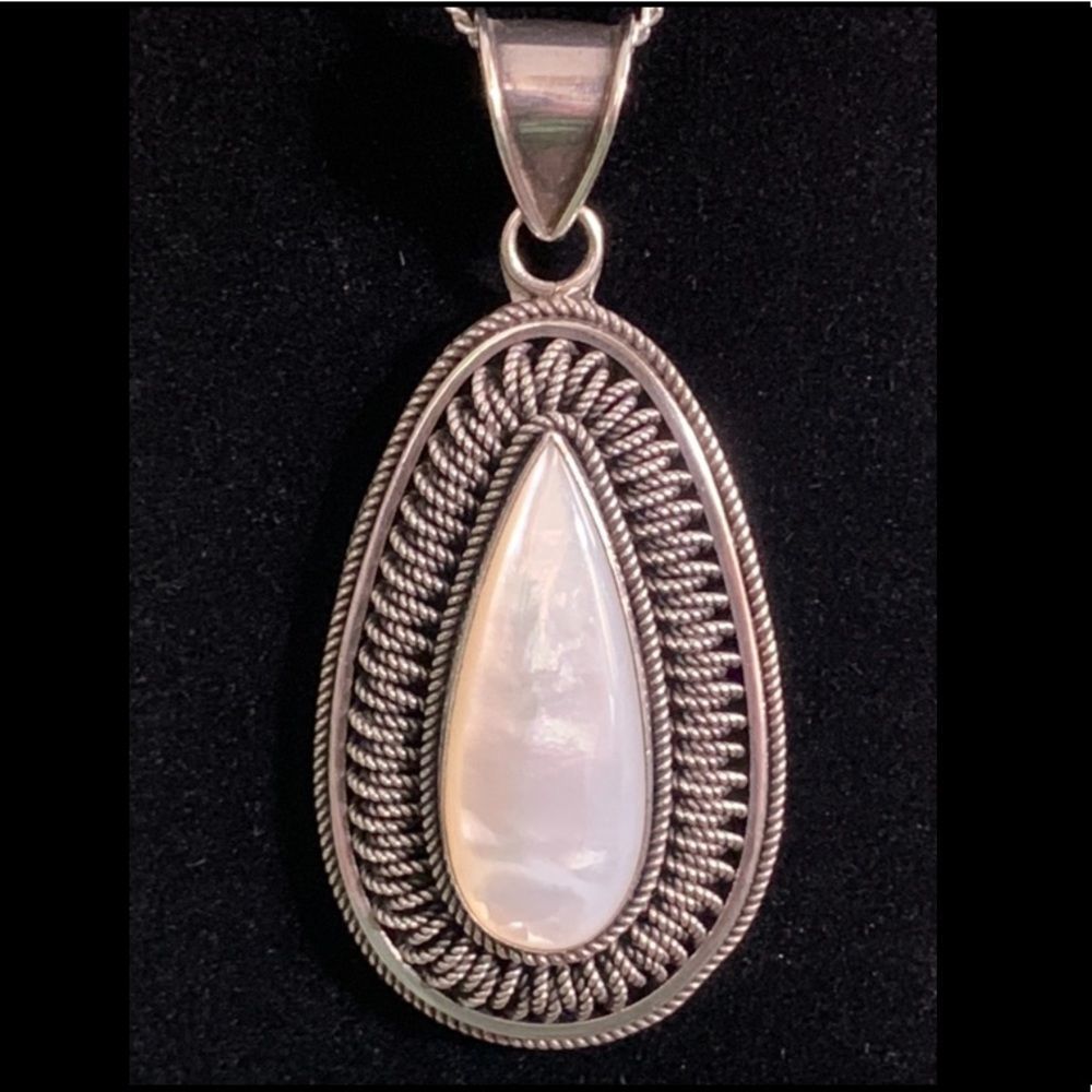 Vintage BA Suarti Mother of Pearl Teardrop Pendant in Sterling Silver